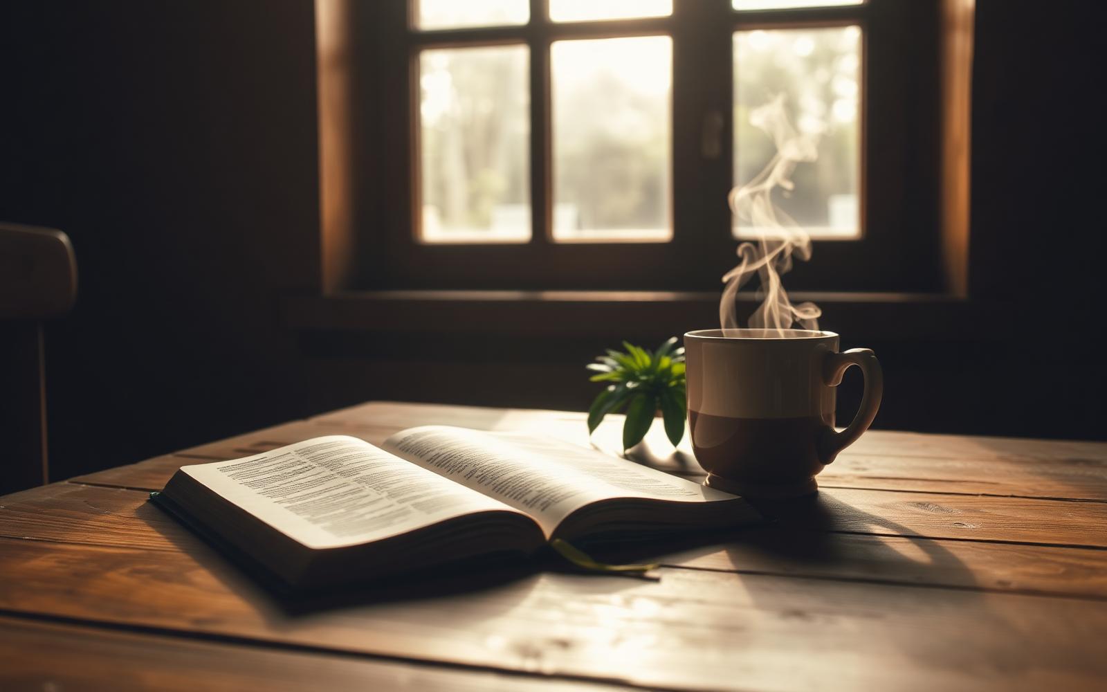 Bíblia aberta na luz da manhã com uma xícara de café